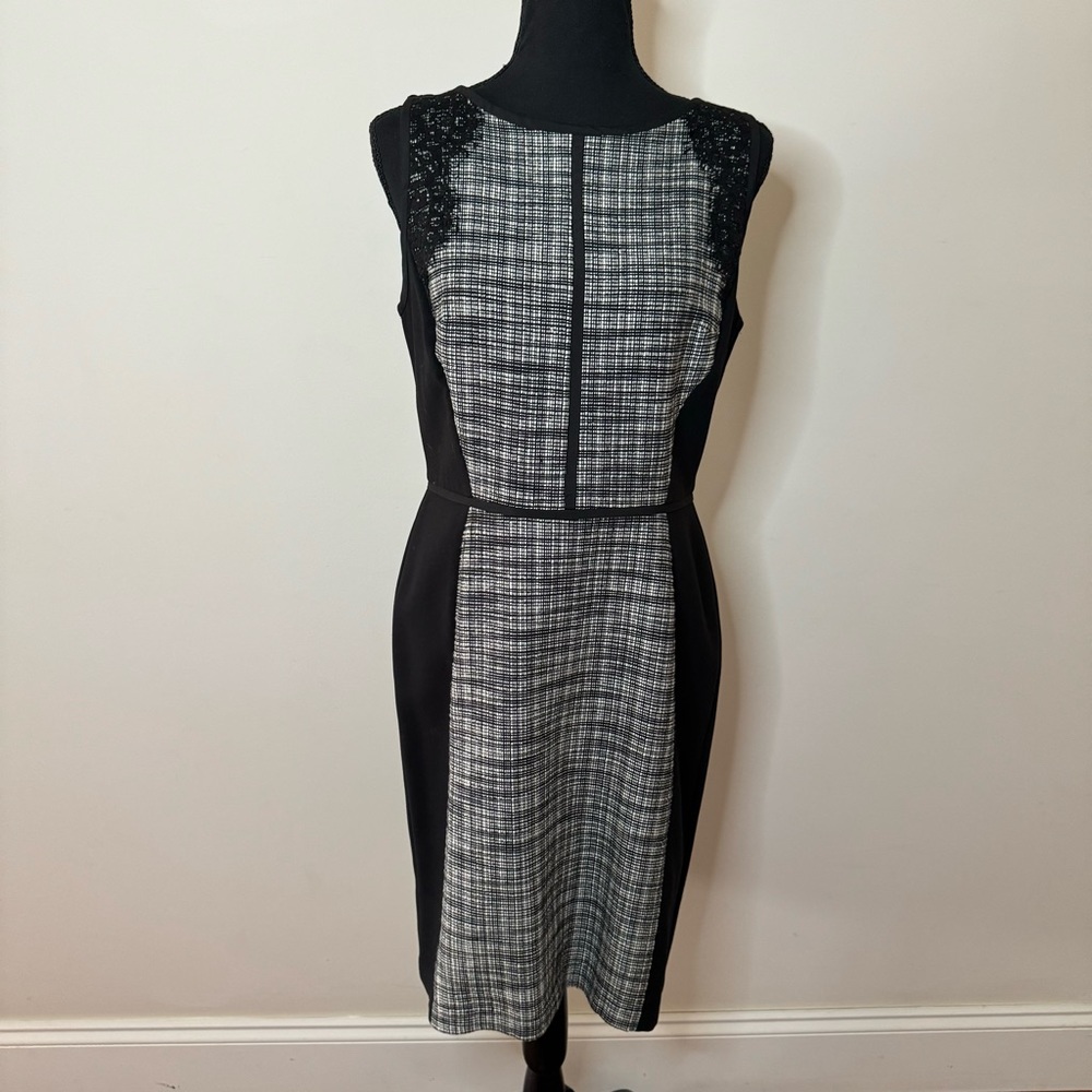 LOFT Black and White Tweed Sheath Dress with Lace Detail